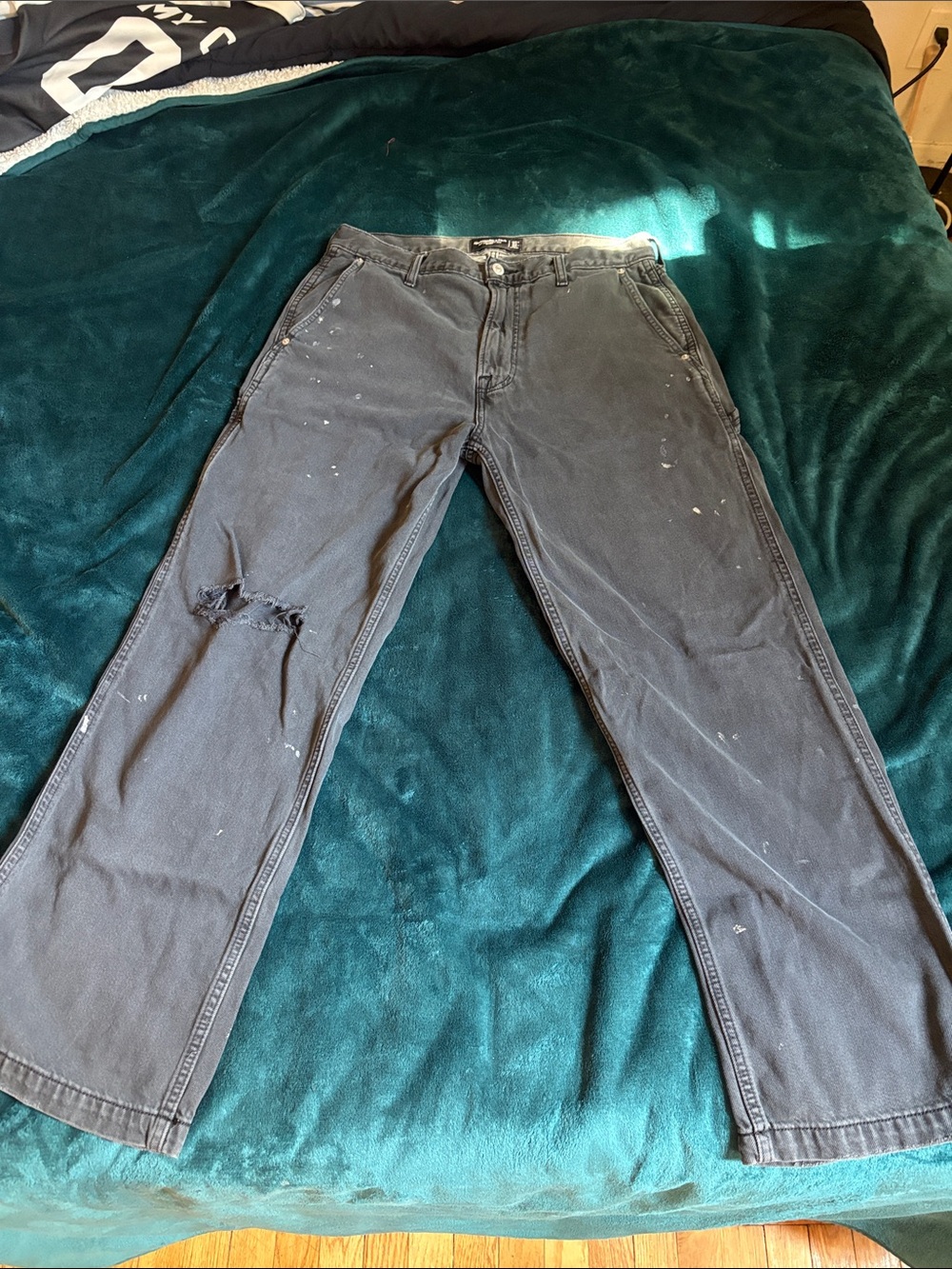 Abercrombie & Fitch Black Relaxed Jeans with Distressed Knee and Paint Splatter